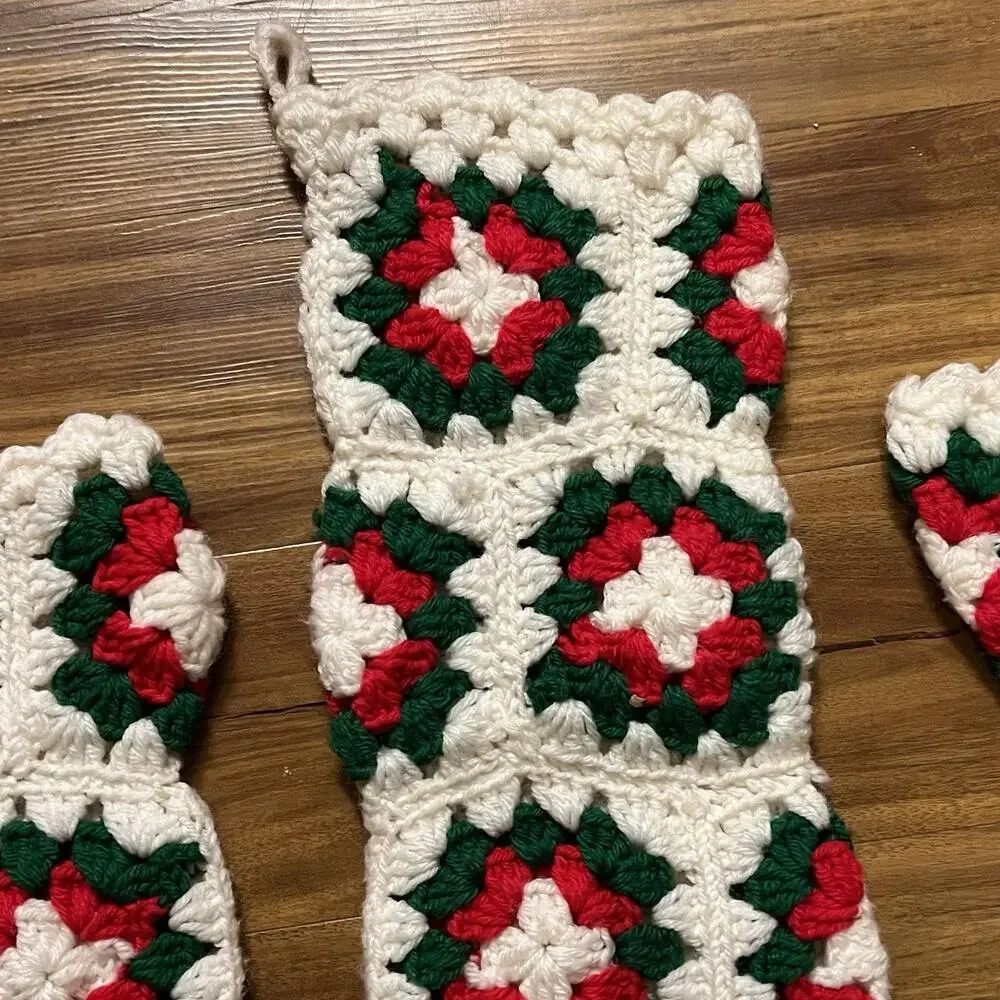 Vintage Lot of 3 Crochet Granny Square Christmas Stockings Red Green White Heels